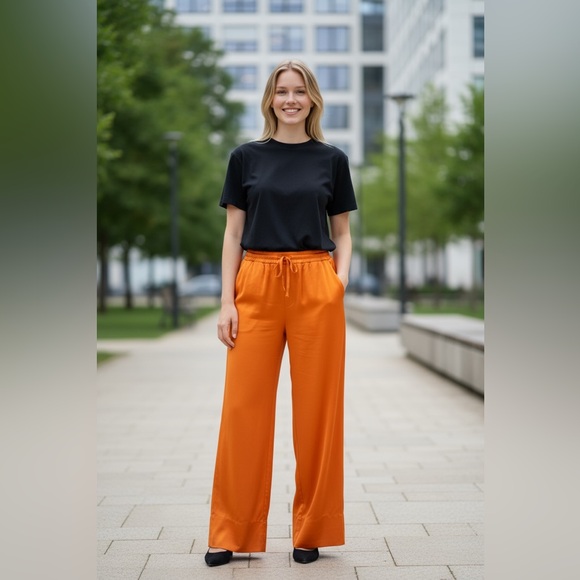 NWOT Zara Limited Edition Orange Satin Pajama Pants - Picture 1 of 5